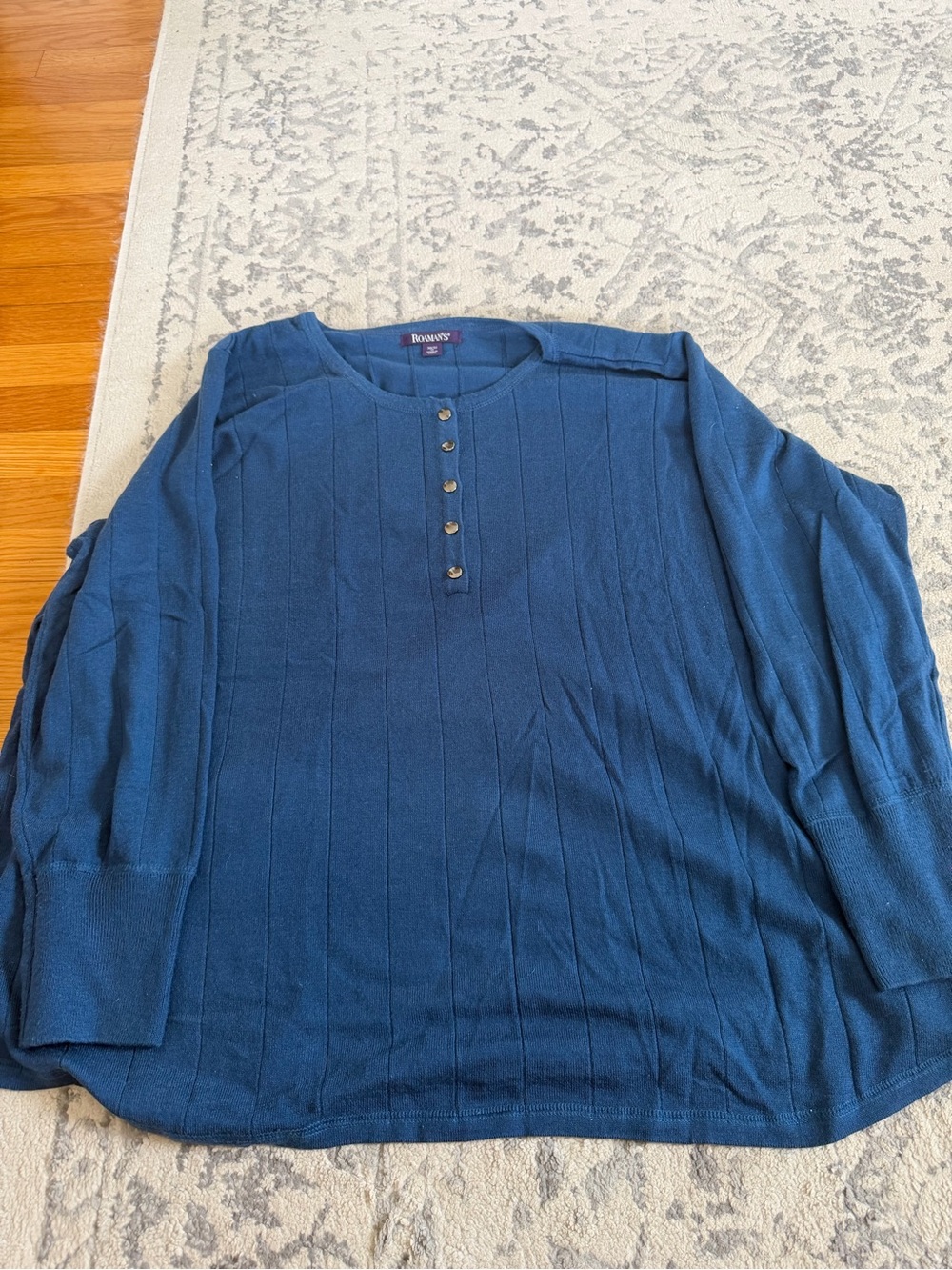 Romans Teal Blue Woman’s  Henley Ribbed Knit Sweater